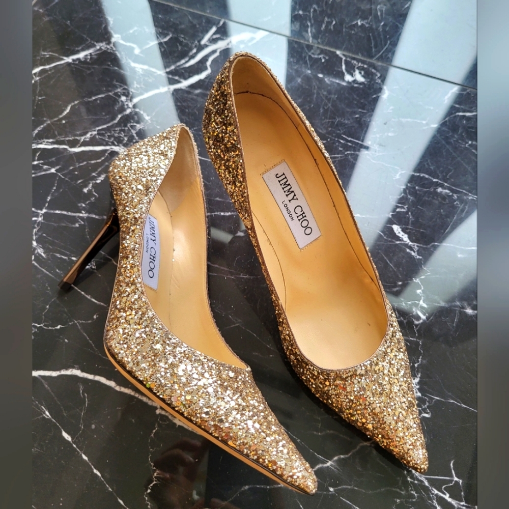Jimmy Choo Romy 85 Gold Glitter Pointy Toe Pumps, bling bling, bridal,party shoe